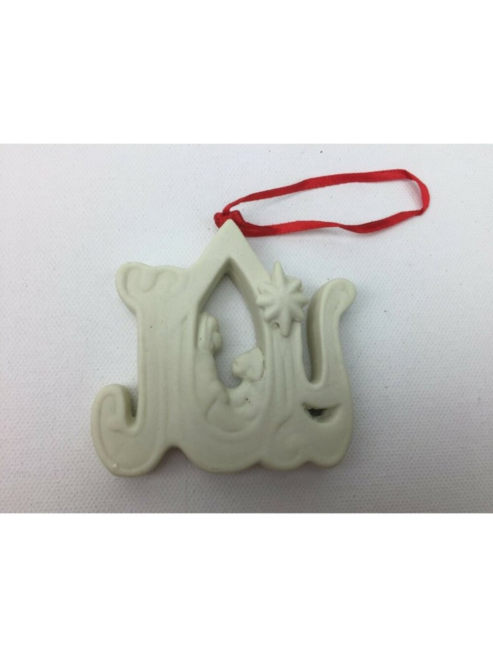 2002 Ceramic "Joy" Nativity Star Red Ribbon White Christmas Tree Ornament